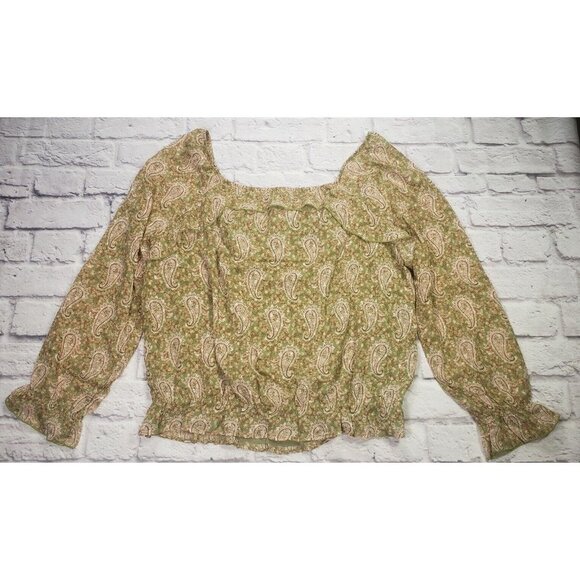 DR2 Top Women XL Extra Large Blouse Green Pink Paisley Balloon Sleeve - Picture 3 of 6